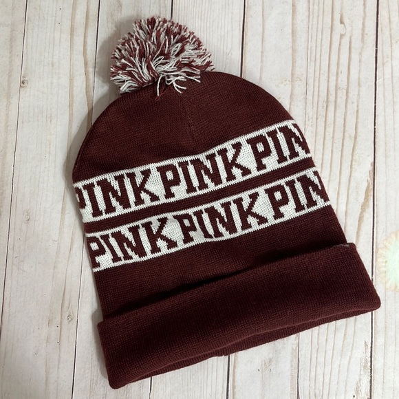 PINK Victoria’s Secret PINK Maroon and White Pom Pom Beanie - Picture 1 of 5